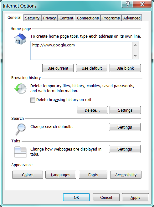 Internet Options in Internet Explorer 9