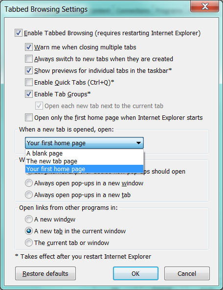 Tabbed Browsing Settings in Internet Explorer 9